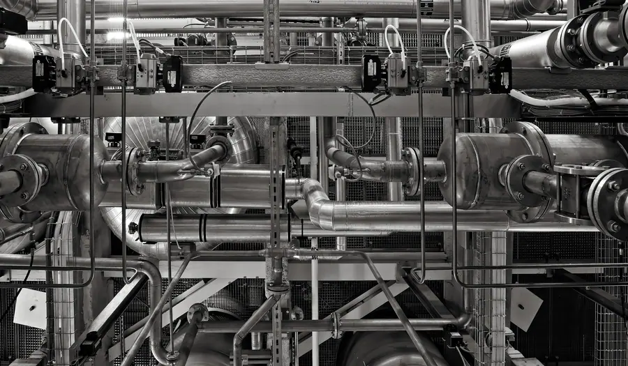 Integrated industrial piping, valves and process vessels in monochrome