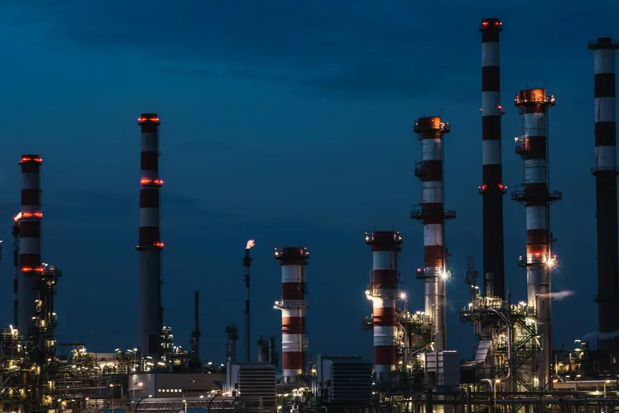 Refinery chimneys and process units lit at night